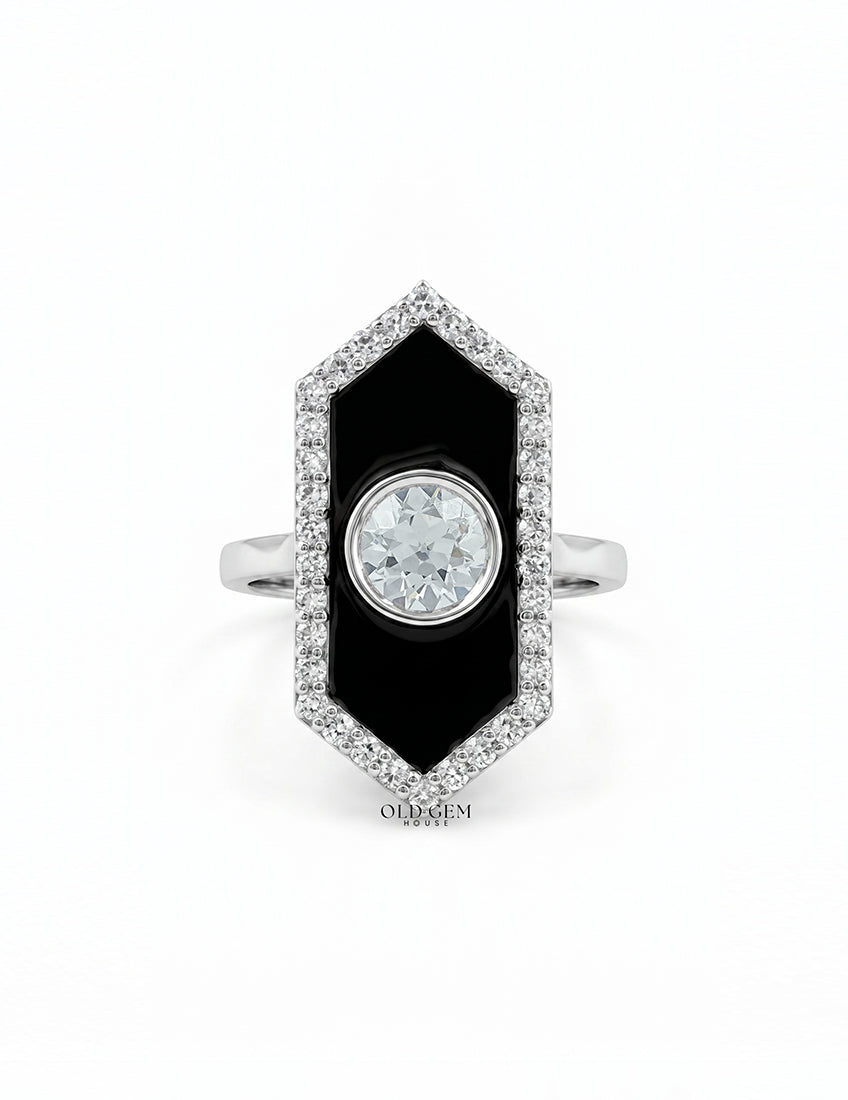 Victorian Style Old European Round Black Enamel Halo Ring Engagement Ring