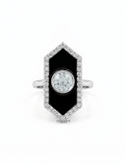 Victorian Style Old European Round Black Enamel Halo Ring Engagement Ring