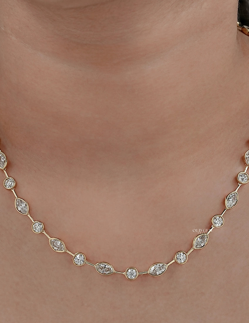 Old Mine Marquise & OEC Round Bezel Set Diamond Necklace Necklaces