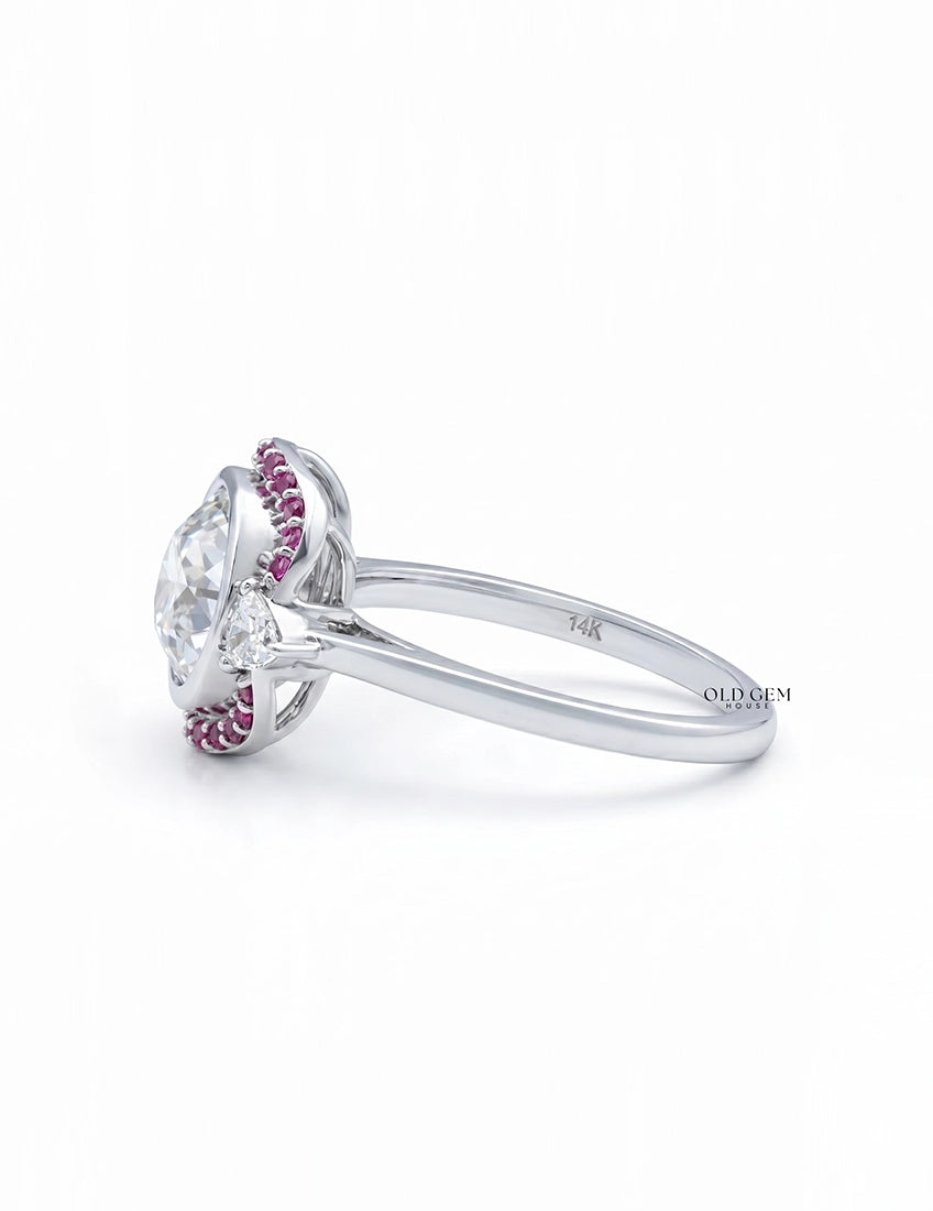 Art Deco Old European Round Cut Pink Gemstone Halo Ring Engagement Ring