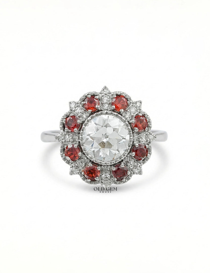 Georgian OEC Round Red Gemstone Halo Engagement Ring Engagement Ring