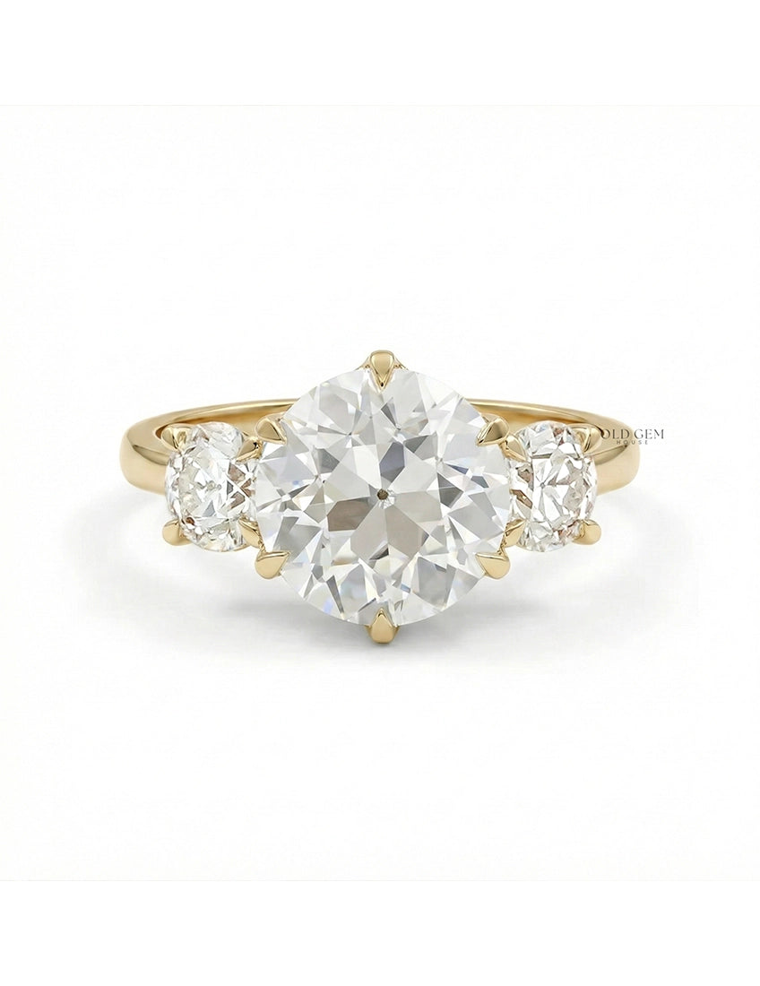 1900s Victorian OEC Round Cut Lab Diamond Three Stone Ring Engagement Ring