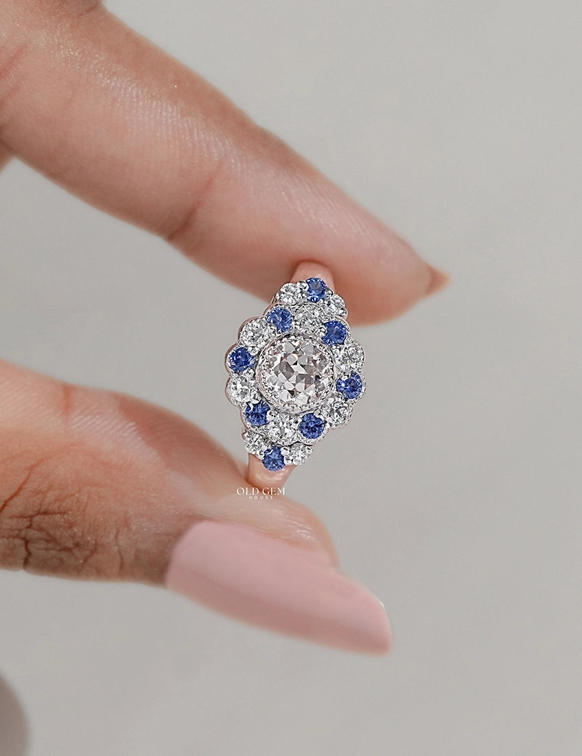 Art Deco OEC Round Sapphire Halo Engagement Ring Engagement Ring