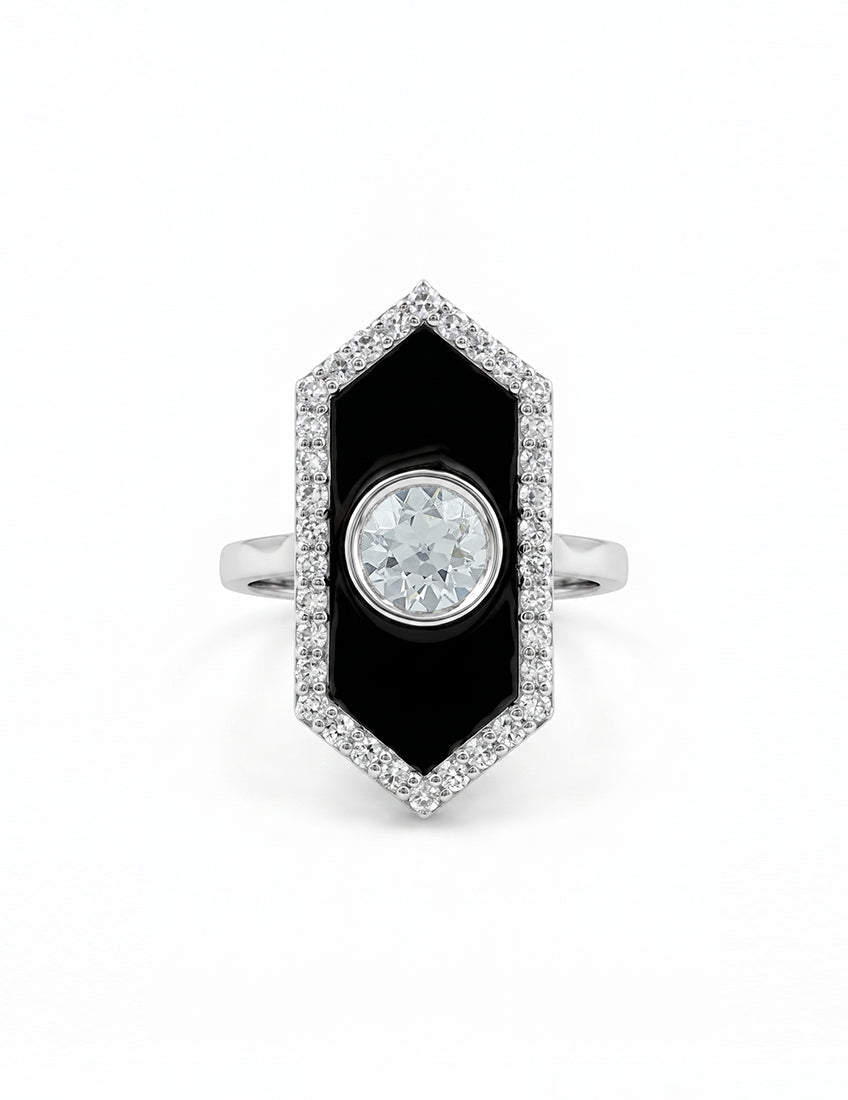 Victorian Style Old European Round Black Enamel Halo Ring Engagement Ring
