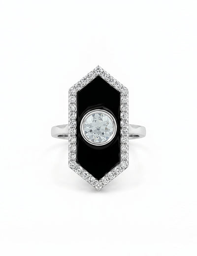 Victorian Style Old European Round Black Enamel Halo Ring