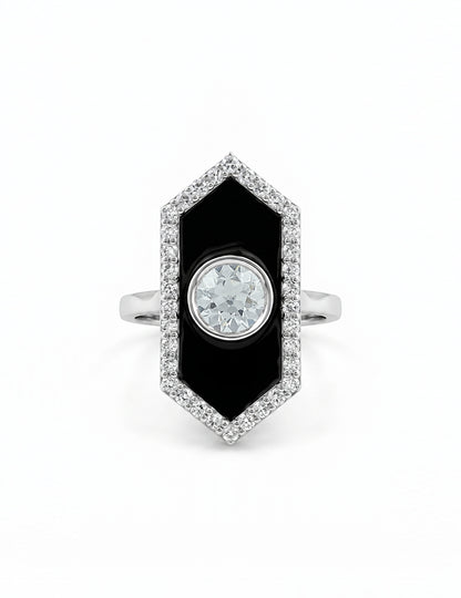 Victorian Style Old European Round Black Enamel Halo Ring Engagement Ring