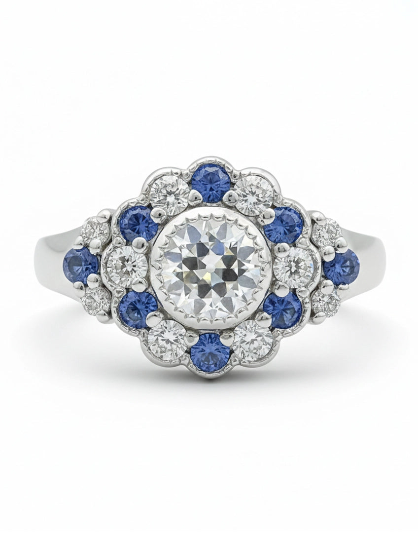 Art Deco OEC Round Sapphire Halo Engagement Ring Engagement Ring