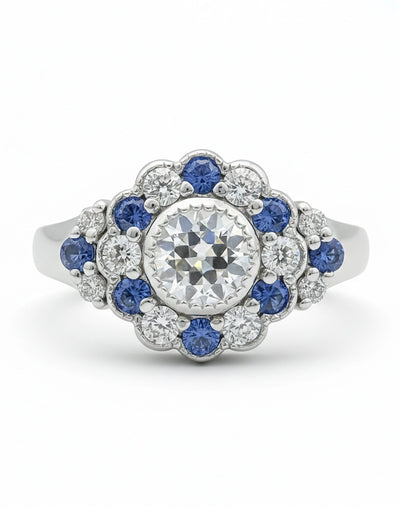Art Deco OEC Round Sapphire Halo Engagement Ring