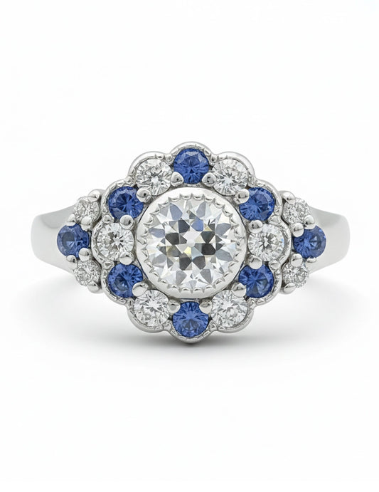 Art Deco OEC Round Sapphire Halo Engagement Ring Engagement Ring