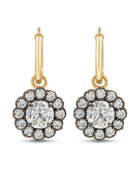 Georgian Style OEC Round Cut Floral Hoop Dangle Earrings Earrings