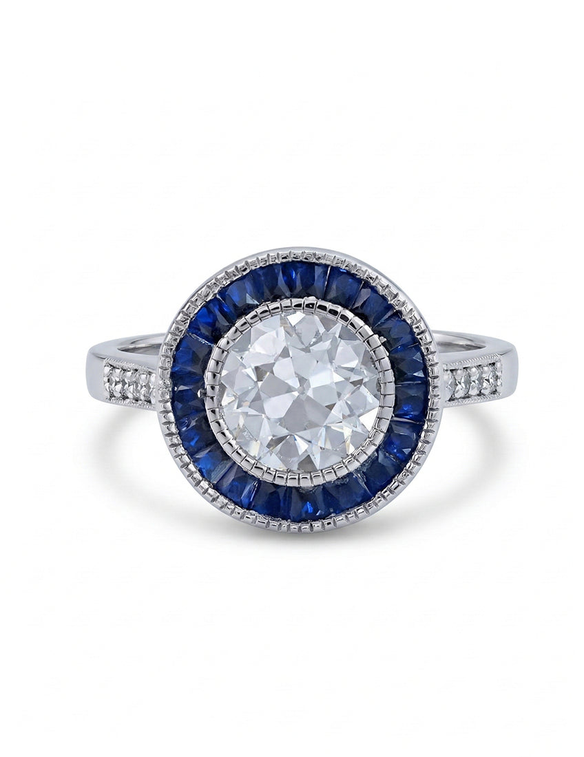Art Deco OEC Round Diamond Sapphire Halo Engagement Ring Engagement Ring