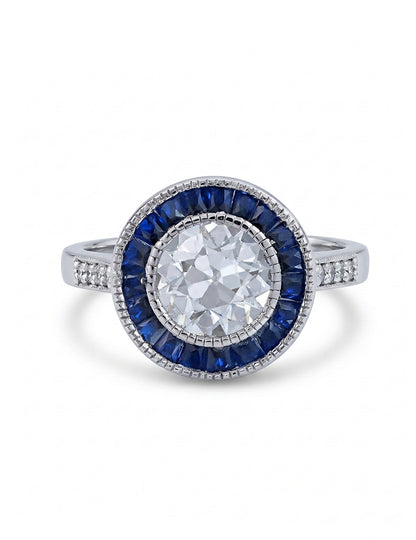 Art Deco OEC Round Diamond Sapphire Halo Engagement Ring Engagement Ring