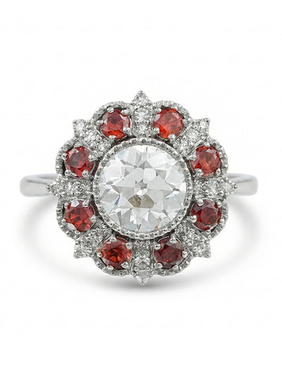 Georgian OEC Round Red Gemstone Halo Engagement Ring