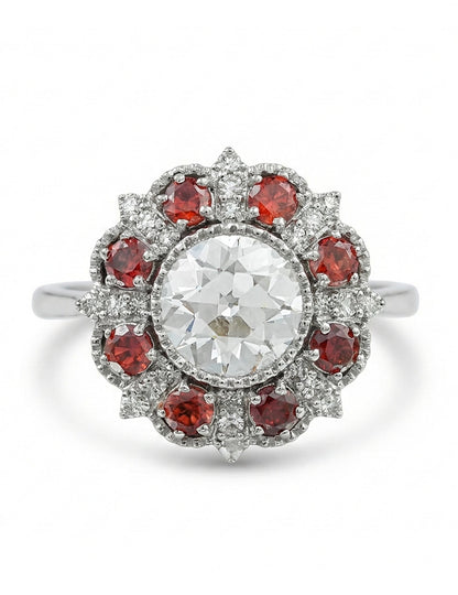 Georgian OEC Round Red Gemstone Halo Engagement Ring Engagement Ring