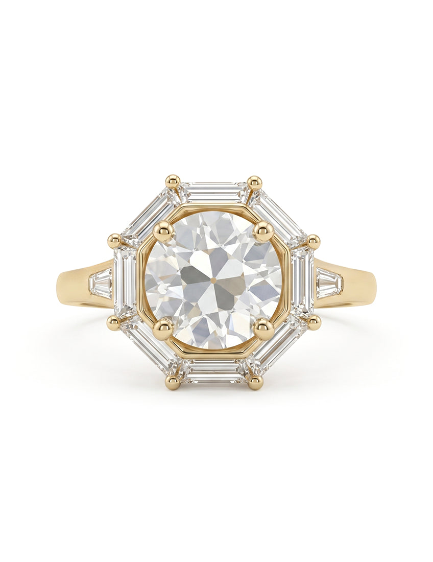 Mid Century Old European Round Cut Lab Diamond Halo Ring Engagement Ring