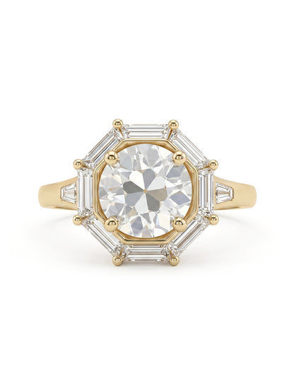 Mid Century Old European Round Cut Lab Diamond Halo Ring Engagement Ring