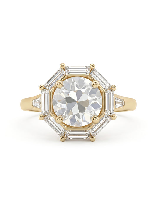 Mid Century Old European Round Cut Lab Diamond Halo Ring Engagement Ring