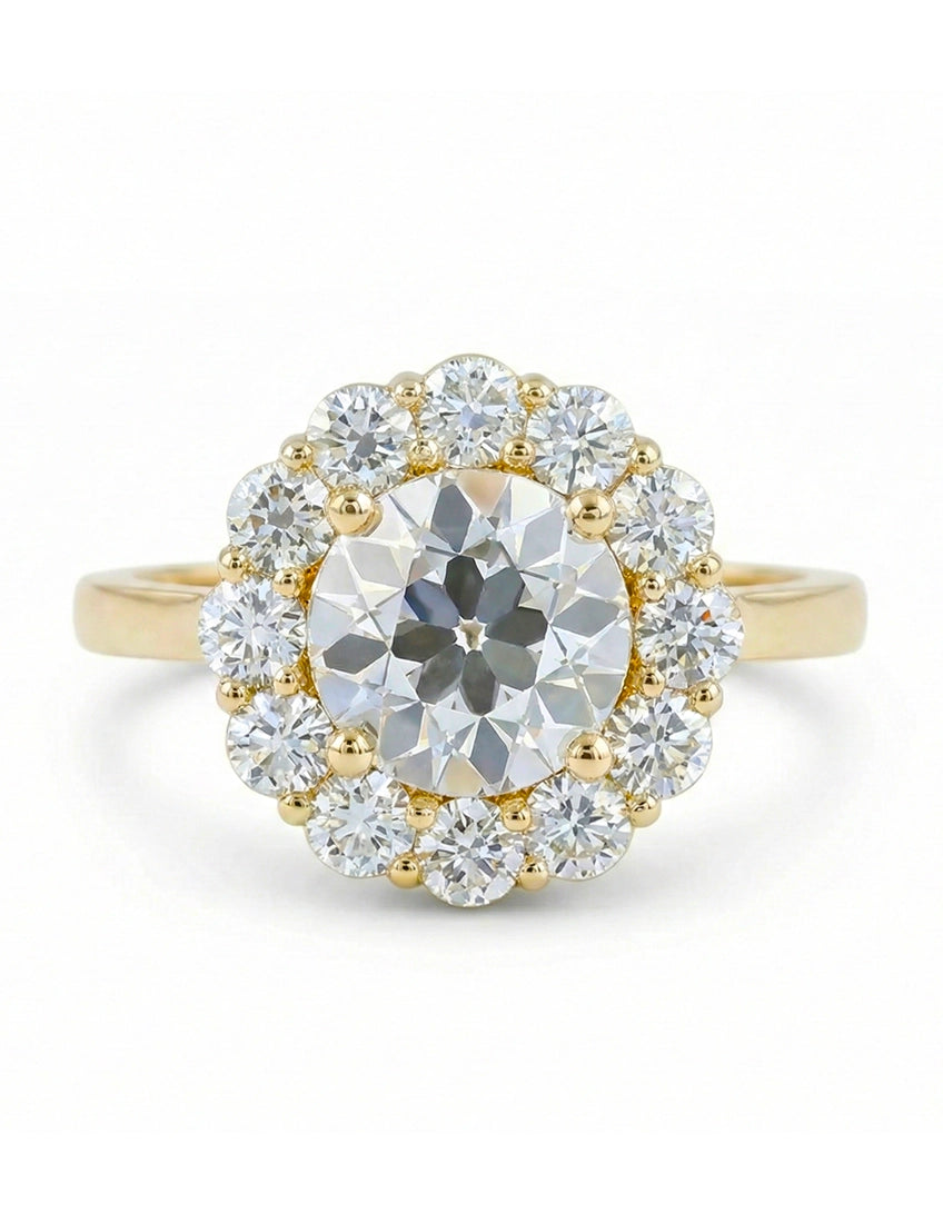 Edwardian Inspired Old European Cut Round Diamond Halo Ring Engagement Ring