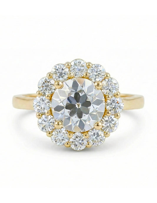 Edwardian Inspired Old European Cut Round Diamond Halo Ring Engagement Ring