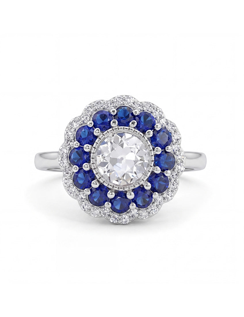 Art Deco Old European Round Cut Sapphire Halo Ring