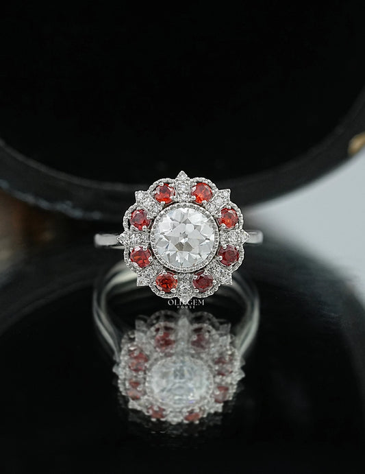 OEC Round Red Gemstone Halo Engagement Ring