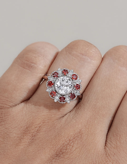 OEC Round Red Gemstone Halo Engagement Ring