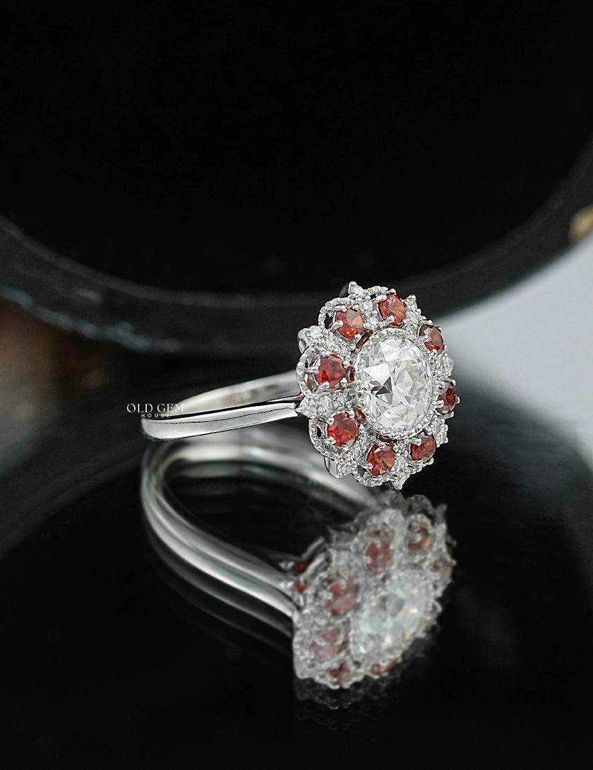 OEC Round Red Gemstone Halo Engagement Ring