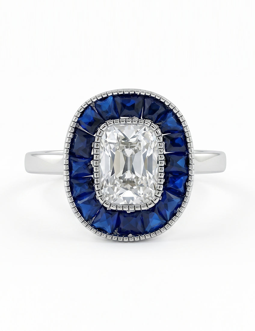 Old Mine Cushion Cut Blue Sapphire Halo Engagement Ring