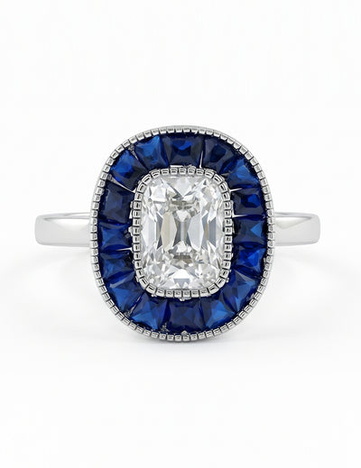Old Mine Cushion Cut Blue Sapphire Halo Engagement Ring