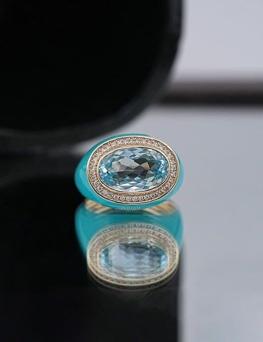 Blue Topaz Oval Gemstone Halo Enamel Dome Ring