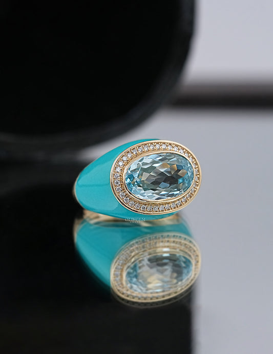 Blue Topaz Oval Gemstone Halo Enamel Dome Ring