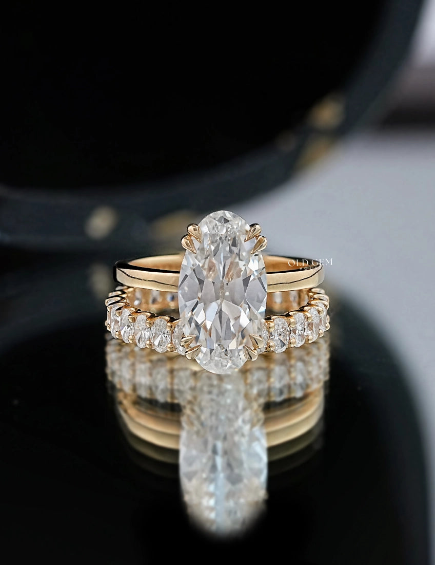 Mid Century Old Mine Moval Cut Bridal Ring Set Wedding Band