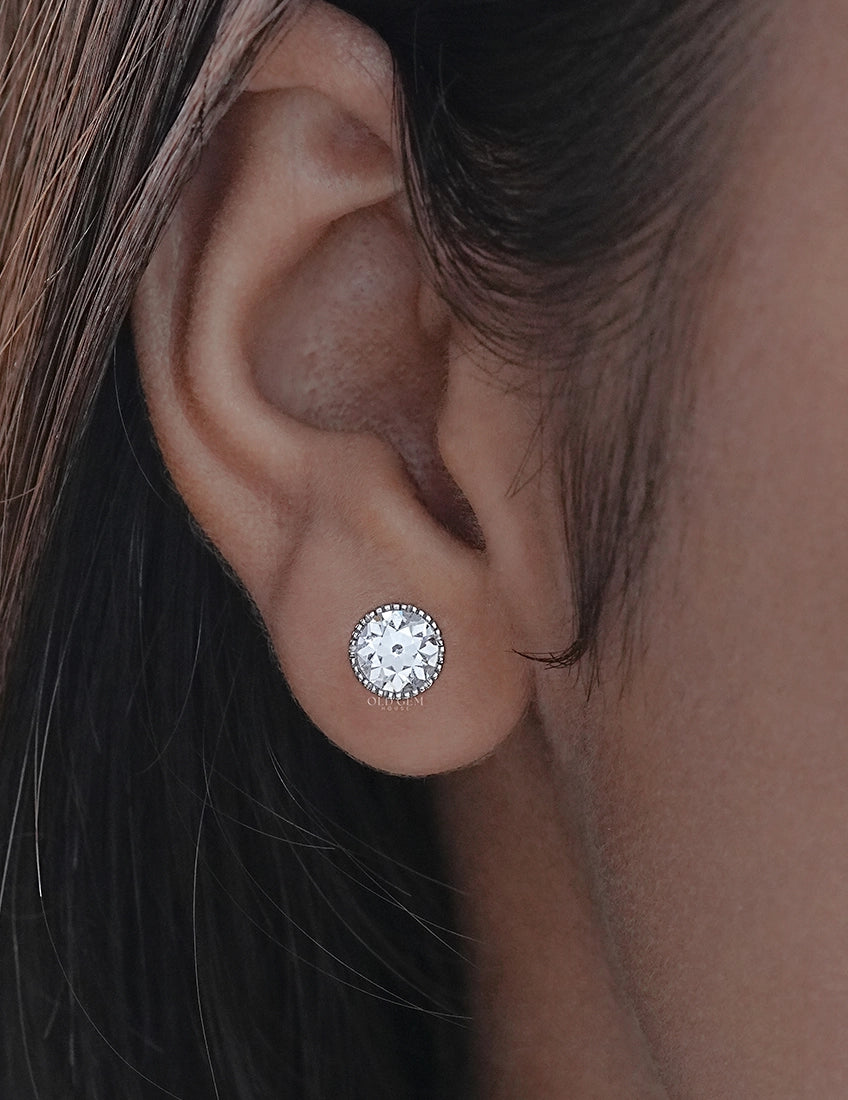 Old European Round Cut Milgrain Stud Earrings