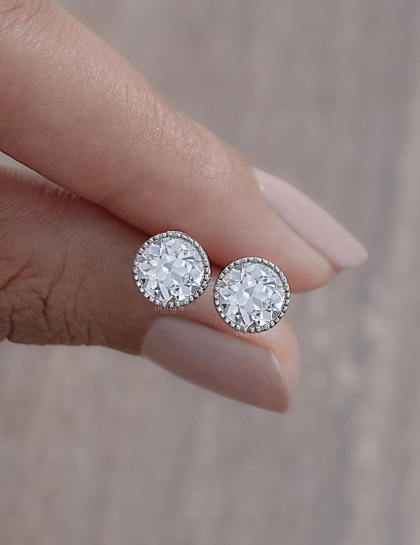 Old European Round Cut Milgrain Stud Earrings