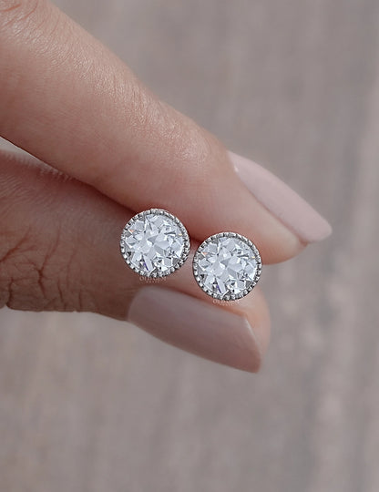 Old European Round Cut Milgrain Stud Earrings