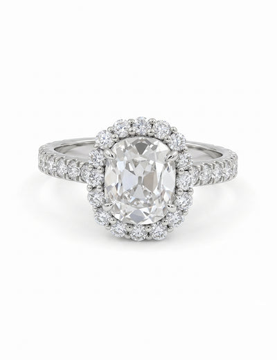Mid Century Old Mine Cushion Cut Halo Accent Engagement Ring