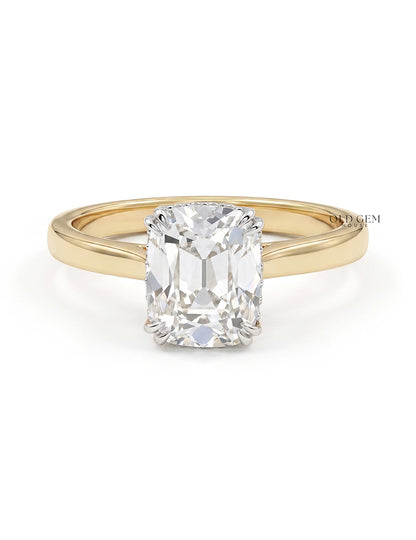 Cushion Old Mine Cut Diamond Hidden Halo Ring - Mid Century