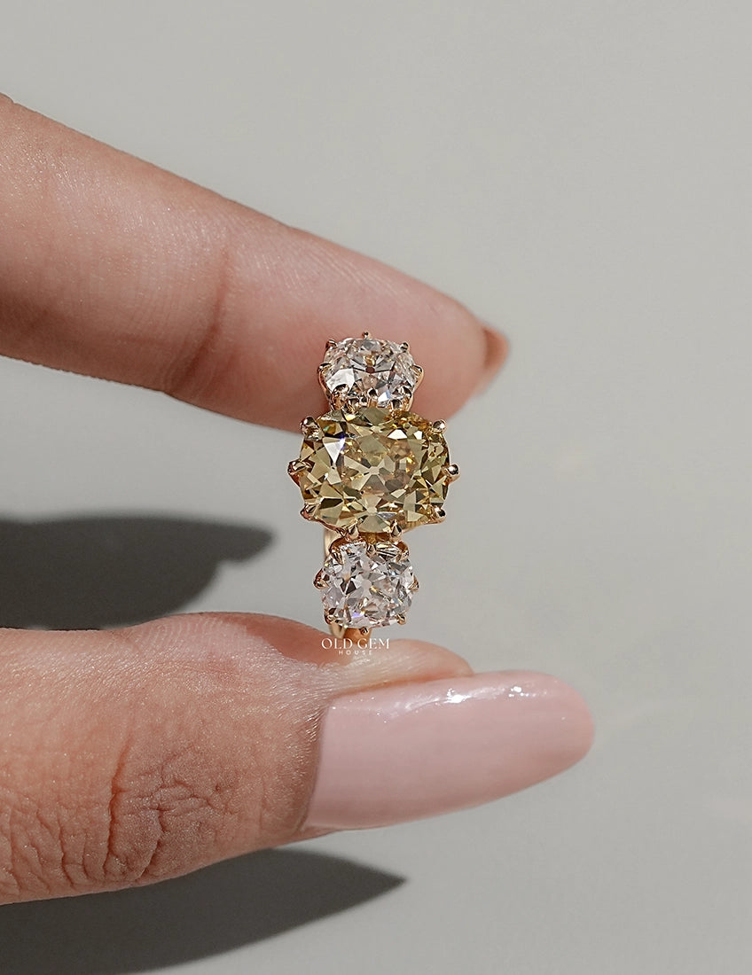 Vintage Edwardian Old Mine Cushion Three Stone Ring Engagement Ring
