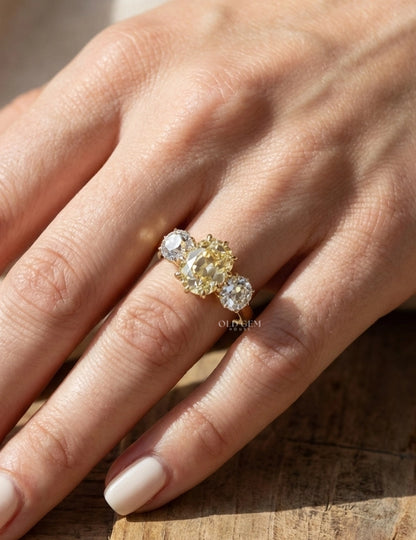Fancy Yellow Old Mine Cushion Three Stone Engagement Ring