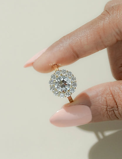 Edwardian Inspired Old European Cut Round Diamond Halo Ring Engagement Ring