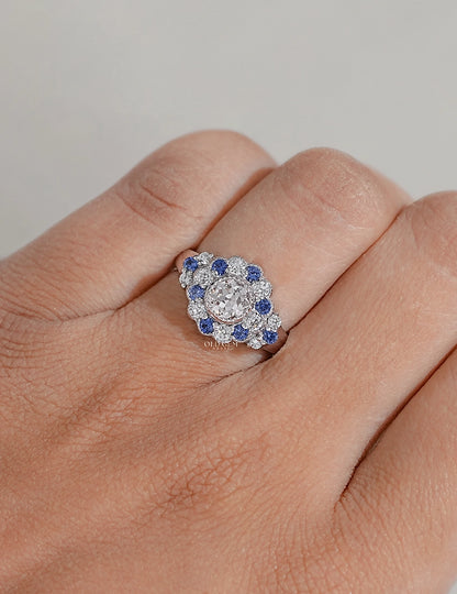 Art Deco OEC Round Sapphire Halo Engagement Ring Engagement Ring