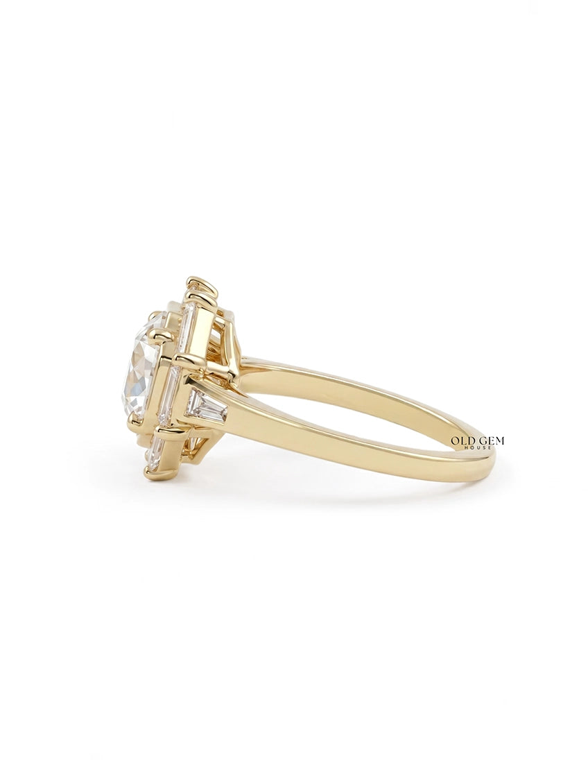 Mid Century Old European Round Cut Lab Diamond Halo Ring Engagement Ring