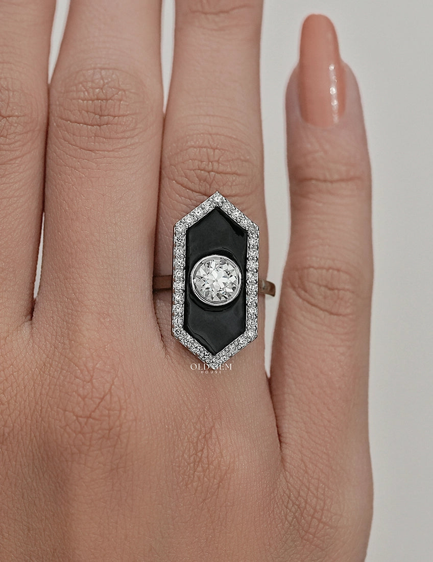 Victorian Style Old European Round Black Enamel Halo Ring Engagement Ring