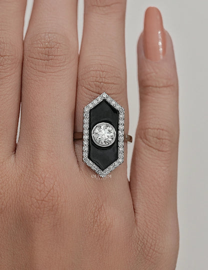 Victorian Style Old European Round Black Enamel Halo Ring Engagement Ring
