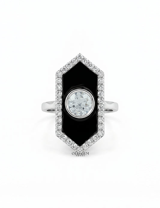 Victorian Style Old European Cut Black Enamel Halo Ring Engagement Ring