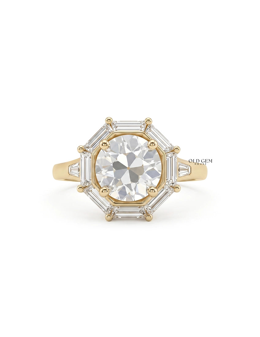 Mid Century Old European Round Cut Lab Diamond Halo Ring Engagement Ring