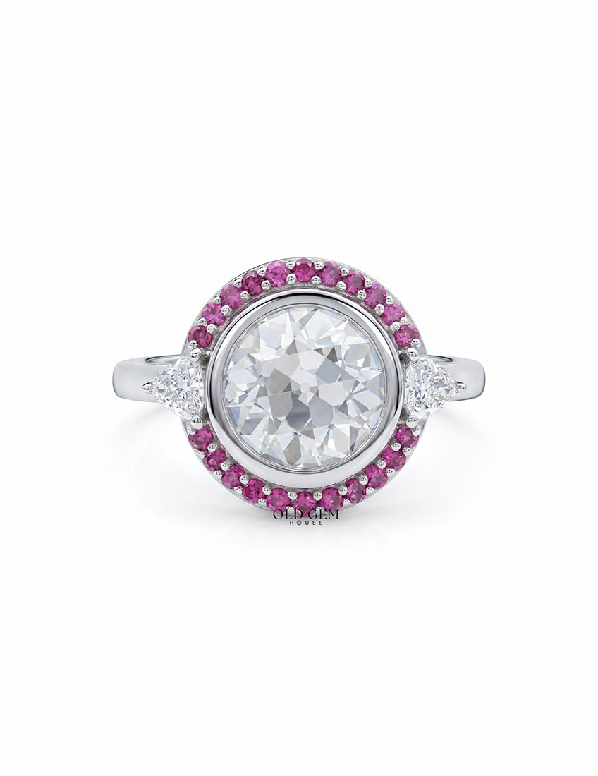 Art Deco Old European Round Cut Pink Gemstone Halo Ring Engagement Ring