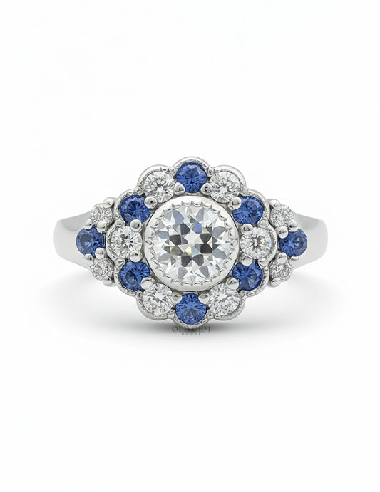 Art Deco OEC Round Sapphire Halo Engagement Ring Engagement Ring