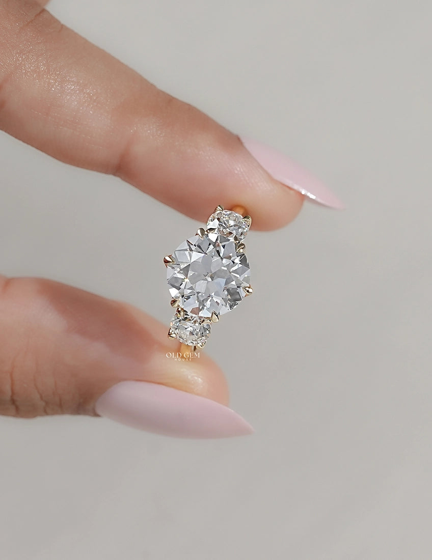 1900s Victorian OEC Round Cut Lab Diamond Three Stone Ring Engagement Ring
