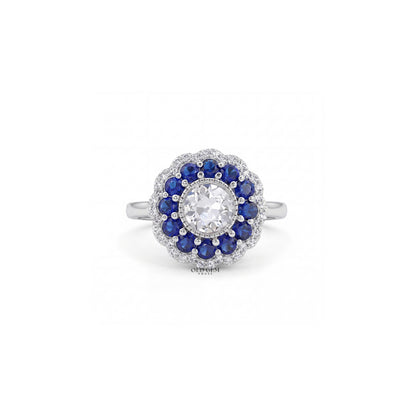 Art Deco Old European Round Cut Sapphire Halo Ring Engagement Ring